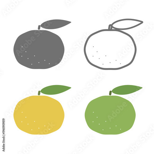 ゆずのアイコンセット 白黒・線画・カラー・グリーンカラーの4種類の柑橘フルーツ素材
