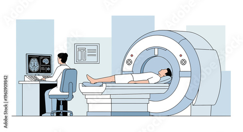 Doctor monitoring MRI scan of patient in futuristic medical room