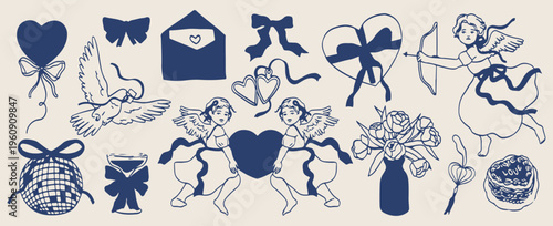 vintage wedding and love doodles, set of hand drawn angels and hearts, romantic line art icons, save the date elements, cupid and ribbon sketches, wedding invitation graphics, timeless romance illustr