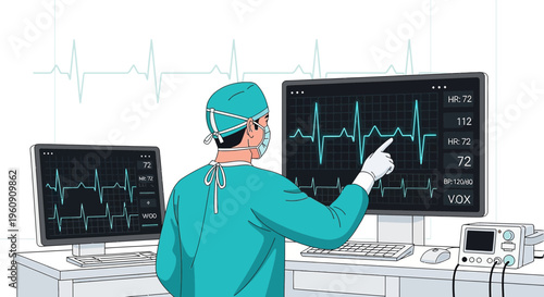 Doctor Monitoring Heart Rate on ECG Machine Screen in Operating Room