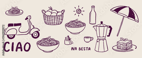 rustic Italian food doodles, hand drawn pasta and olive oil, set of kitchen and dining icons, Mediterranean cuisine sketches, simple blue line art food, home cooking illustrations, retro culinary elem