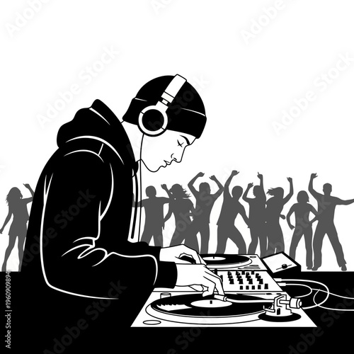 Man wearing headphones DJing music.