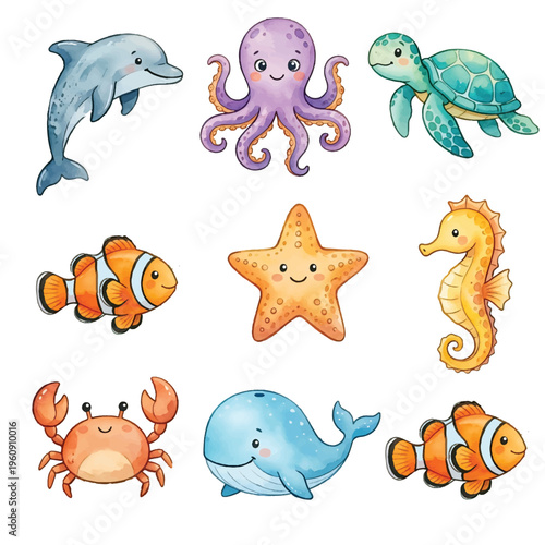 Funny cartoon sea animals vector set with fish dolphin shark octopus turtle whale and underwater marine life illustrations