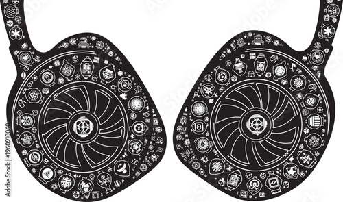 Black and white of two ornate circular filled with small symbols