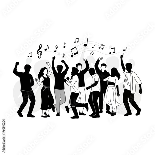 People dancing with music notes.