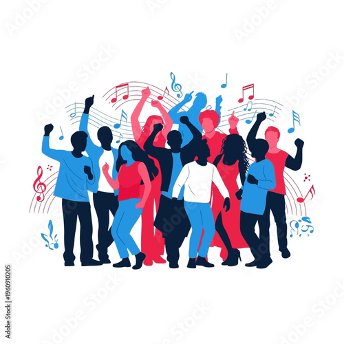 People dancing with music notes around.