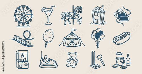 Carnival amusement park doodles, hand drawn carousel sketches, fairground entertainment icons, whimsical circus event elements, fun festival snack clip art, summer carnival sticker set, family outing 