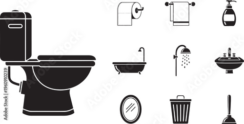 Black of bathroom fixtures and accessories on white background toilet bathtub sink shower toilet paper
