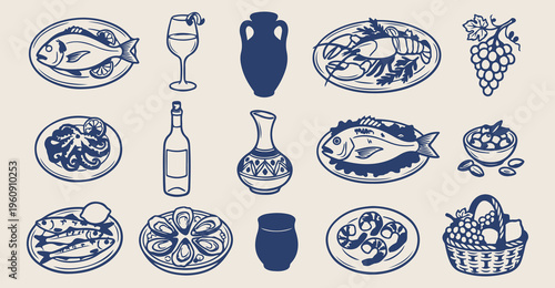Fine dining seafood doodles, hand drawn lobster and fish sketches, luxury restaurant menu icons, mediterranean diet food elements, whimsical gourmet kitchen clip art, seafood market sticker set, ocean