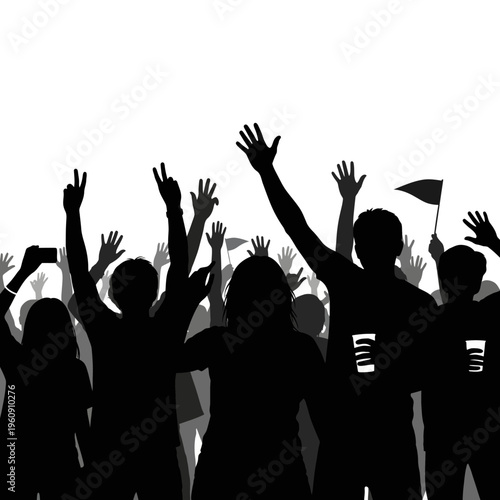 People raising hands in celebration crowd.