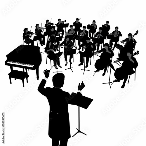 Silhouette of conductor and orchestra musicians.