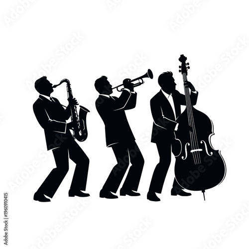 Silhouette of jazz musicians playing instruments.