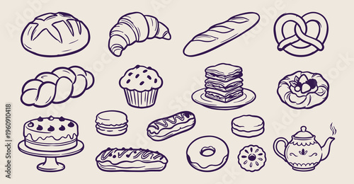 Home bakery pastry doodles, hand drawn cupcake and muffin sketches, artisanal bread shop icons, sweet dessert treat elements, whimsical kitchen baking clip art, bakery menu sticker set, gourmet pastry