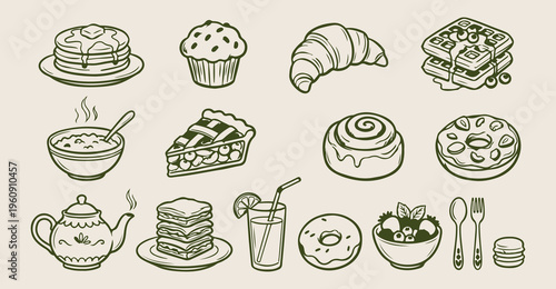 Sweet dessert pastry doodles, hand drawn cupcake and muffin, bakery sugar treat sketches, cafe coffee break icons, cinnamon roll dessert elements, donut and pie stickers, afternoon snack line art