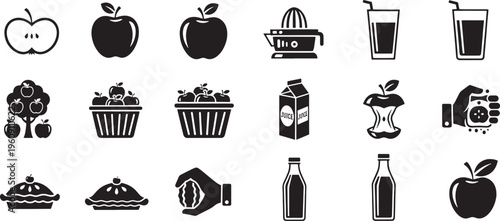 Collection of black and white depicting apples juice and pies
