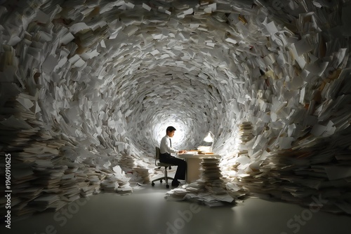 Document Overload Concept: Businessman in a Surreal Tunnel of Paperwork