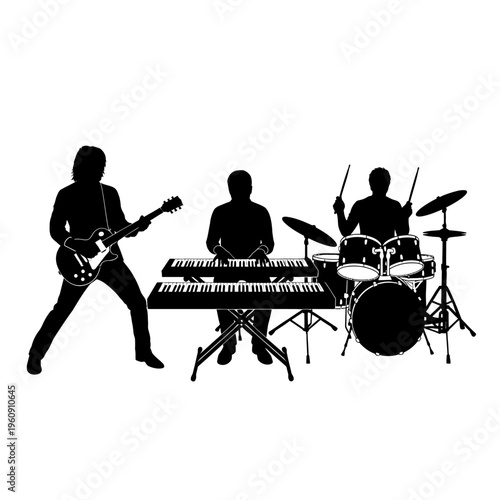 Silhouette of musicians playing instruments.
