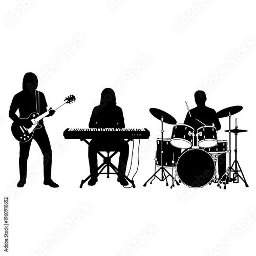 Silhouette of musicians playing instruments together.