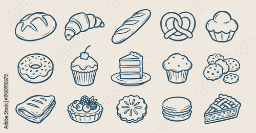 French bakery bread doodles, hand drawn croissant and baguette, artisanal pastry shop sketches, morning breakfast carb icons, cafe flour yeast elements, fresh dough sticker set, boulangerie menu line 