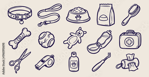 Pet care accessories doodles, hand drawn dog and cat, puppy training supply sketches, veterinarian clinic tool icons, animal lover lifestyle elements, grooming and play stickers, pet shop branding lin