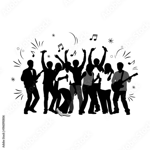 Silhouette of people dancing music festival.