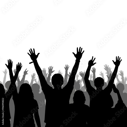 Silhouette of people raising hands up.