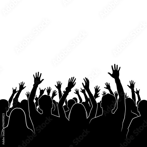 Silhouette of people raising hands up.