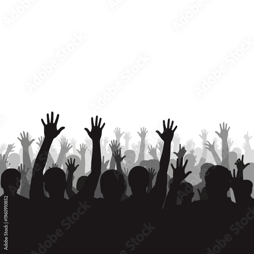 Silhouette of people raising hands up.