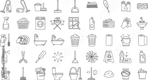 Collection of black and white line for cleaning and household chores line set
