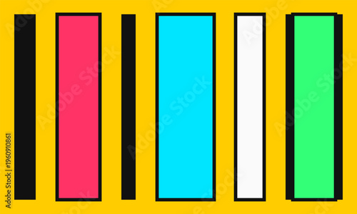 A vibrant digital graphic featuring a bright yellow background with various colorful vertical bars