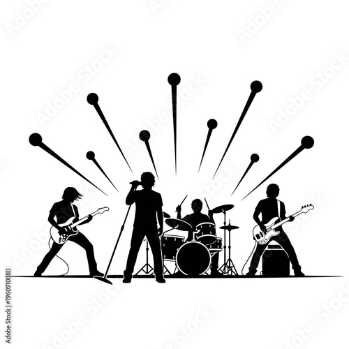 Silhouette of rock band performing live.