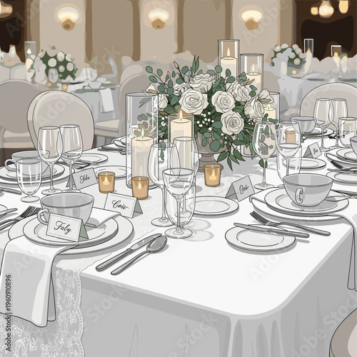 Elegant wedding reception table setting with white floral centerpiece, candles, and place cards in a formal banquet hall.