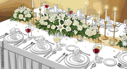 Elegant formal dining table set with white flowers, candles, and place settings for a special event.