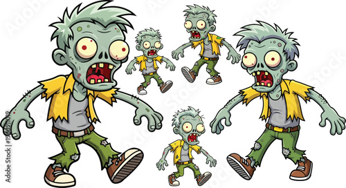 Cartoon zombie horde character set, funny undead monsters in yellow shirts and green pants, spooky halloween vector illustration collection