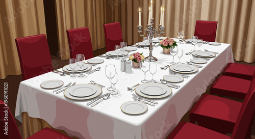 A formal dining room with a long table set with white tablecloth, elegant place settings, a candelabra, and red chairs, ready for a special occasion.