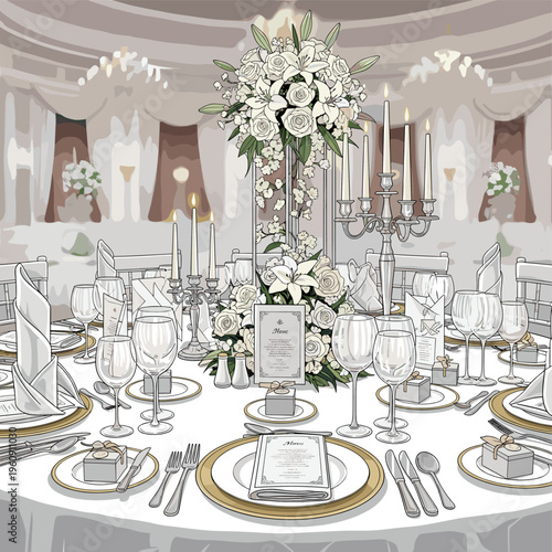 An elegantly set round table for a formal event, adorned with a tall floral centerpiece, candles, and place settings.