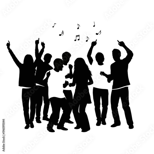 Silhouettes of people dancing together happily.