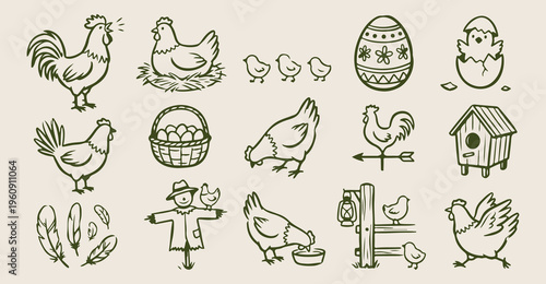 Farm life poultry doodles, hand drawn chicken and eggs, rural countryside ranch sketches, coop nesting box icons, spring chick farmstead elements, homesteading lifestyle sticker set, rooster weather v