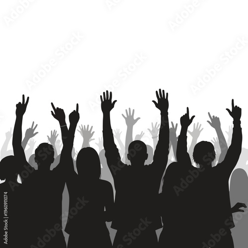 Silhouettes of people raising hands up.