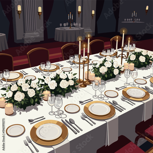 An elegant formal dining table setting with white floral arrangements and golden accents, prepared for a grand event.