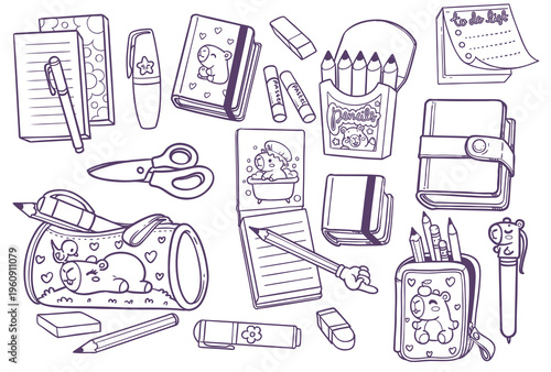 large set of stationery supplies - notepads, erasers, scissors, pencils, pens with capybara prints