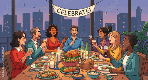 A diverse group of friends or colleagues celebrating a special occasion with a festive dinner, toasting with drinks around a table laden with food, against a city skyline backdrop.
