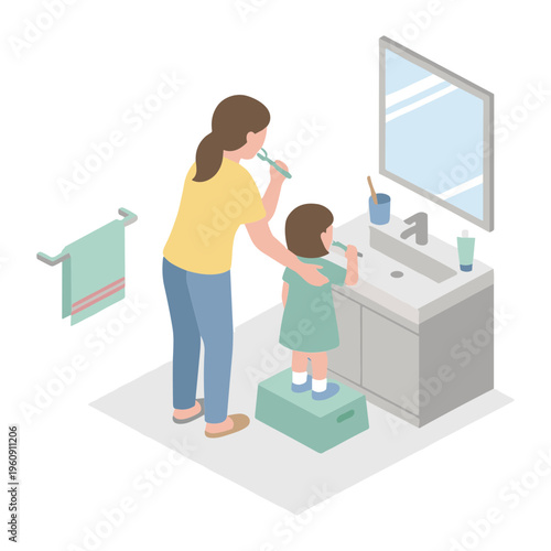A woman helps a child brush teeth in a bathroom with a mirror