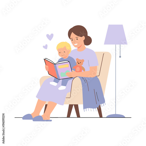 Woman reads a book to a child sitting on her lap indoors