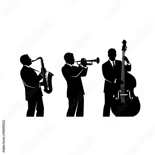 Three musicians playing jazz instruments together.