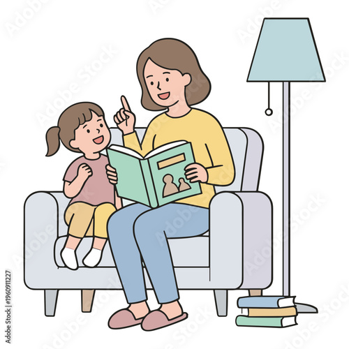 A woman reads a book to a little girl sitting on her lap in a cozy living room.