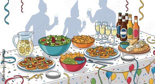 A vibrant party scene with a table laden with various appetizers, drinks, and festive decorations, featuring silhouettes of guests in the background.
