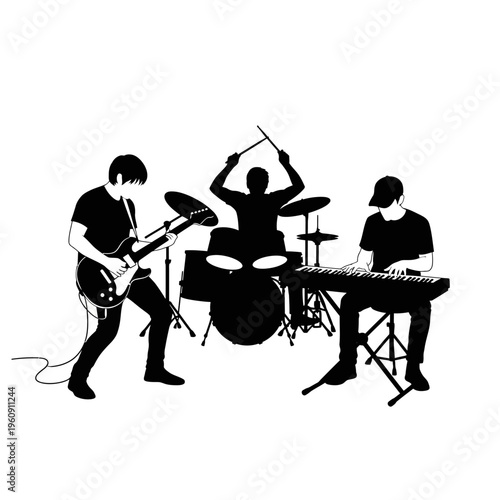 Three musicians playing musical instruments together.