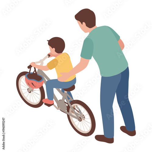 Father teaching young boy riding bicycle outdoors with support