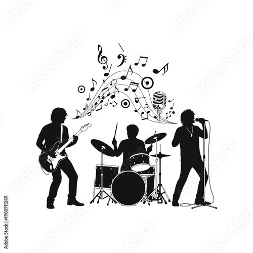 Three musicians playing music together live.